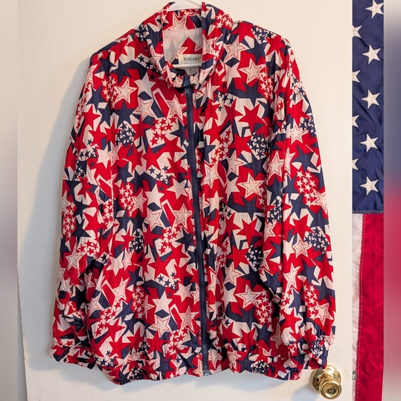 Bogari Jackets & Blazers - Bogart Red & Navy Star-Print Bomber Jacket Size 1x